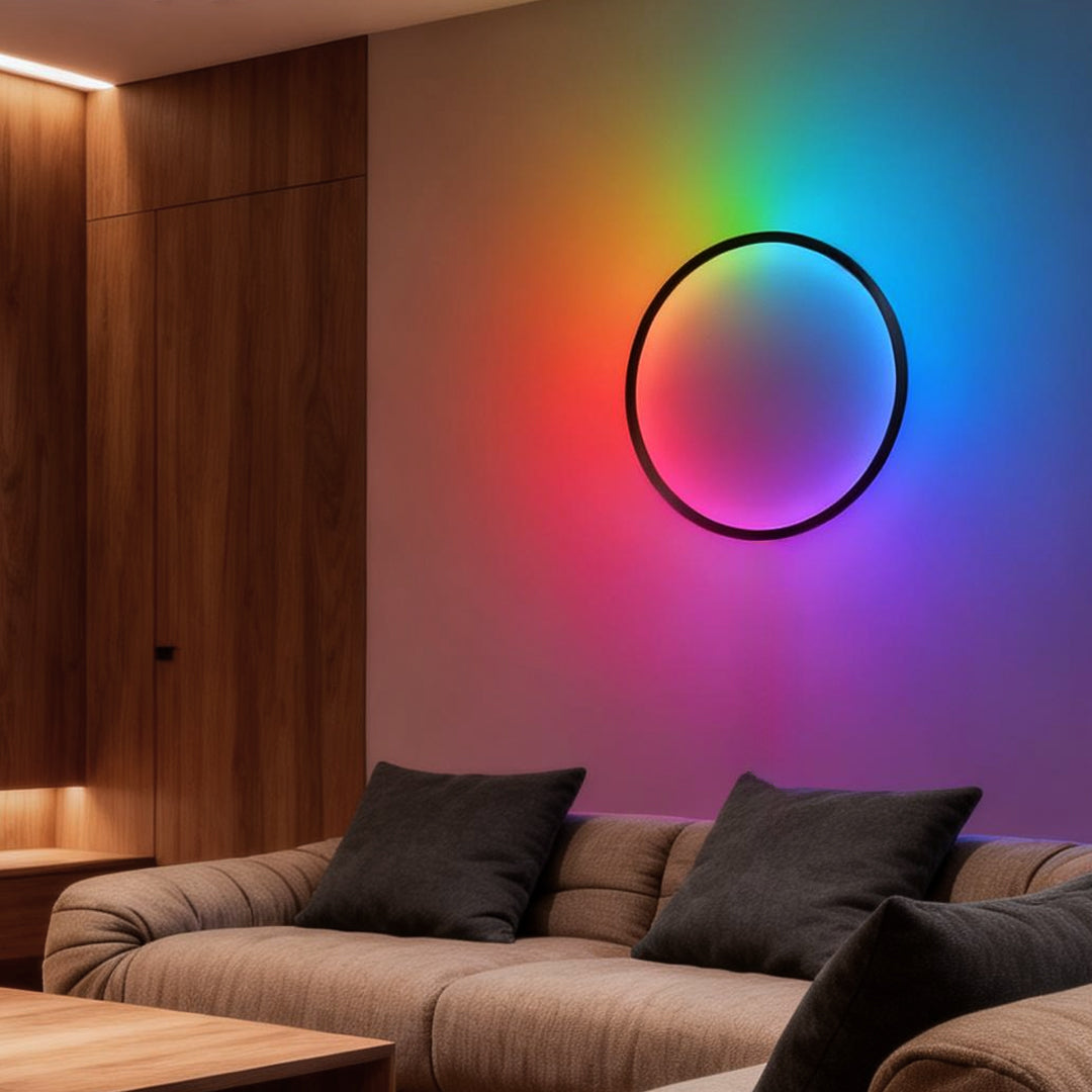 Contemporary interior styled with colorful Rgb led ring well light mounted above sofa.