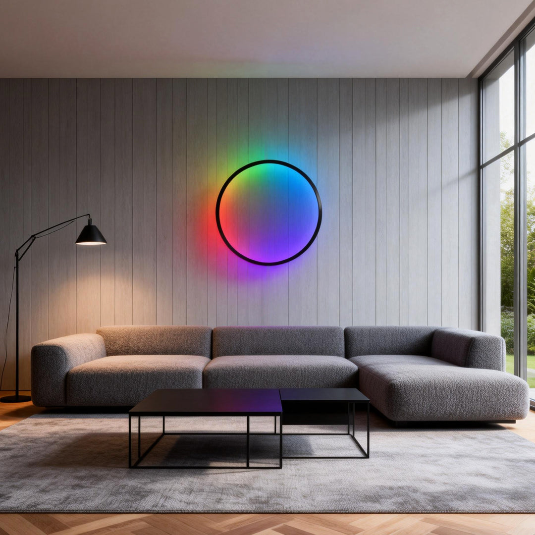 Modern living room featuring Rgb led ring well light creating immersive ambient wall lighting.