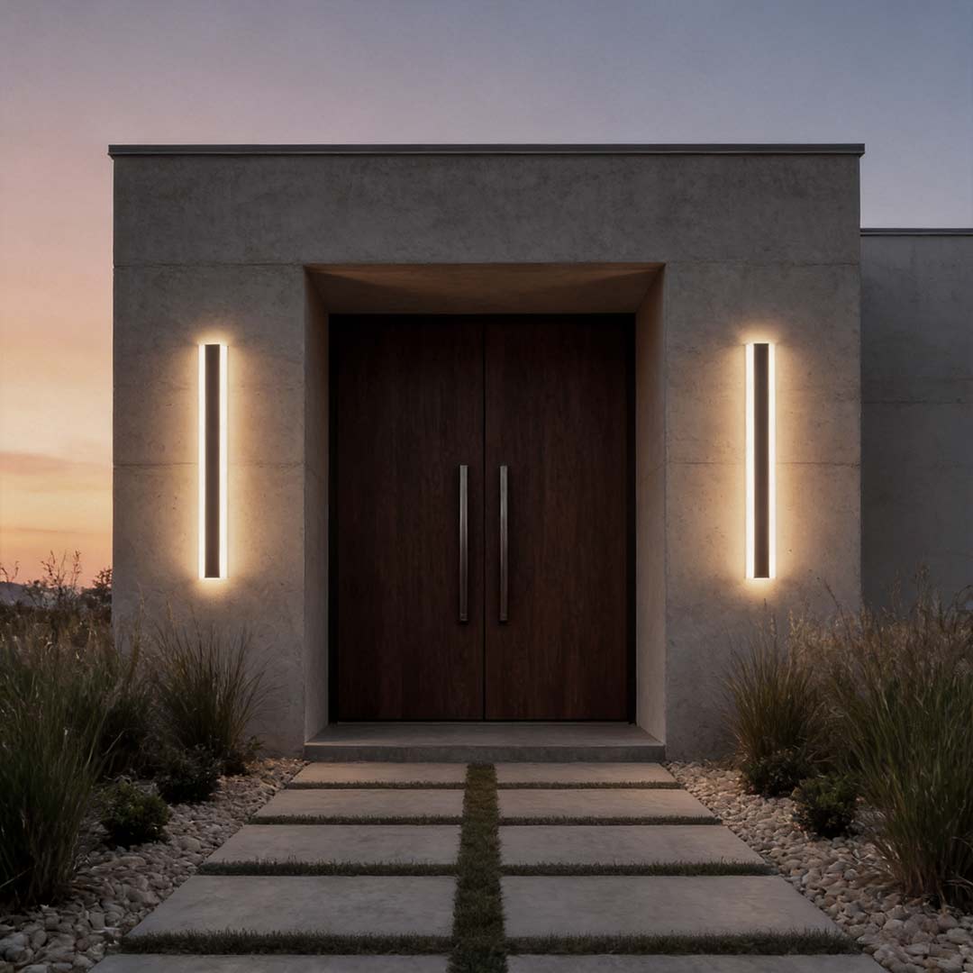 RGB wall light enhancing a contemporary doorway with dynamic multi-color illumination.