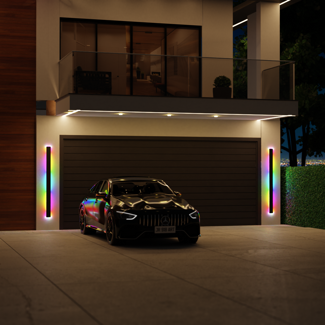 RGB wall light providing soft multi-color light in a contemporary garden.