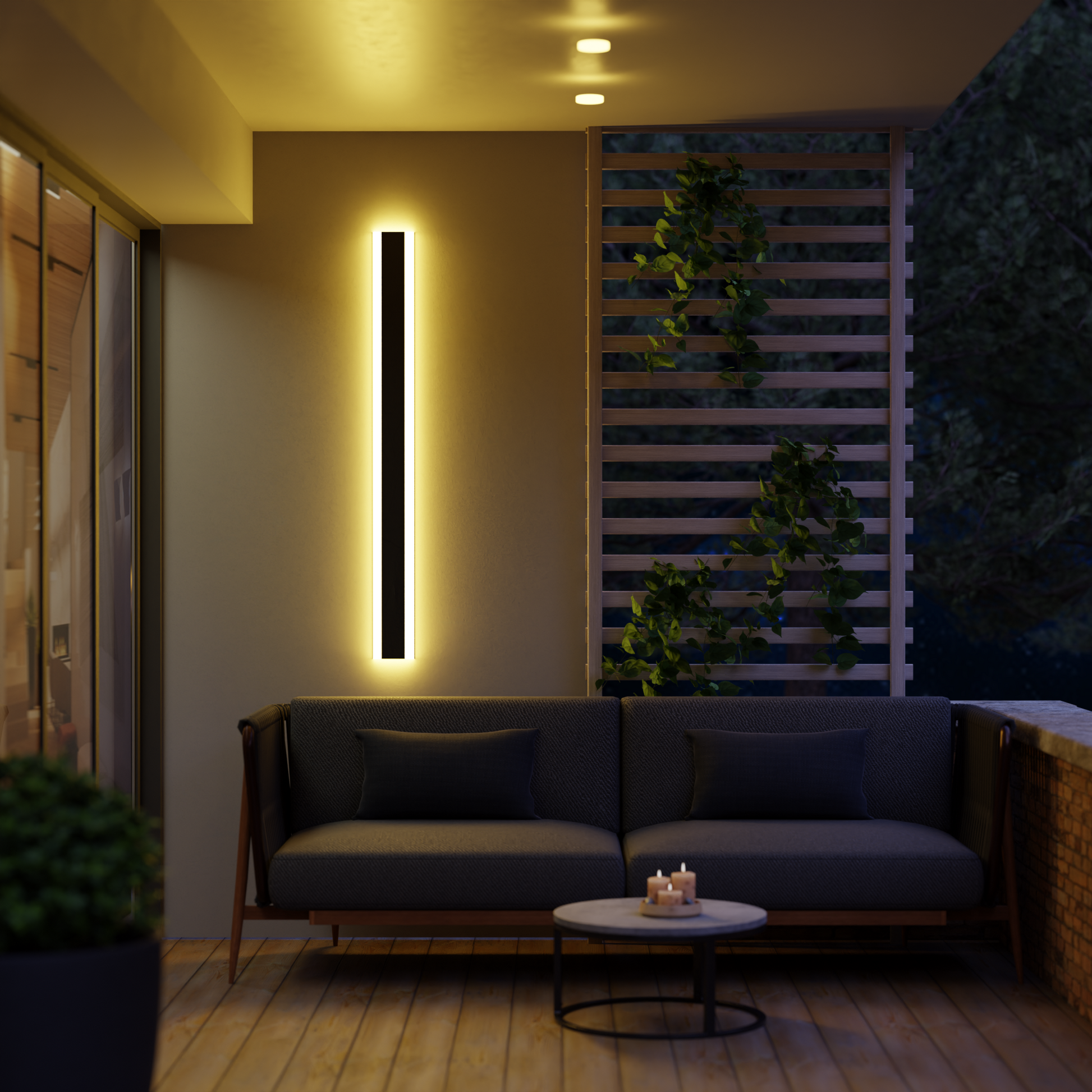 RGB wall light illuminating a modern outdoor seating area with colorful linear light.