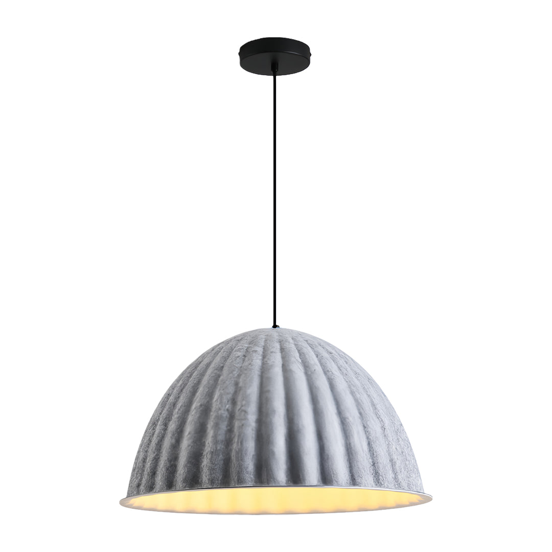 Studio shot of a ribbed dome gray pendant light fixture with a textured surface and soft downward illumination.