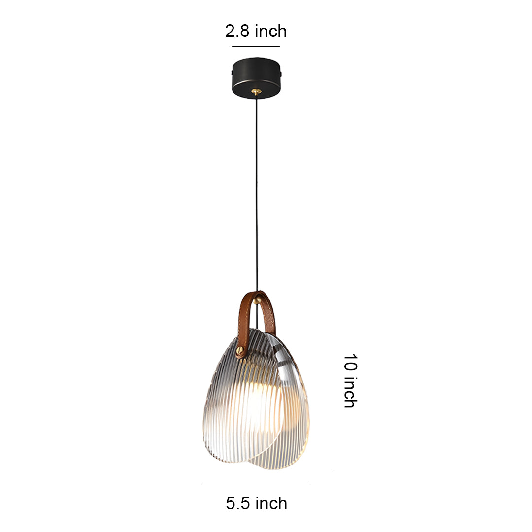 Hanging glass pendant light with ribbed clear shade and black ceiling mount in modern style