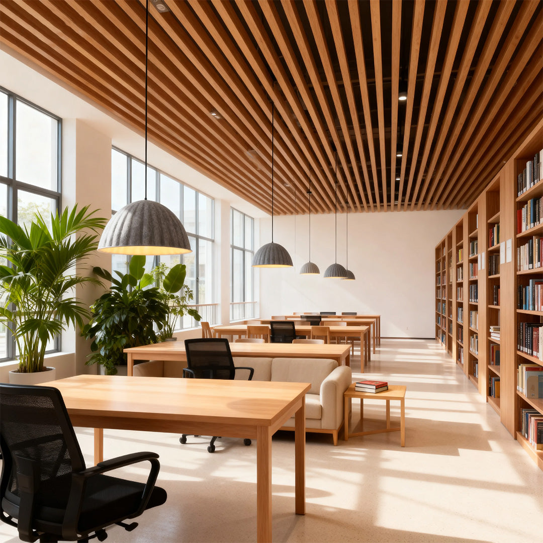 Series of ribbed gray pendant light fixtures hanging over wooden desks in a modern, sunlit office with slatted ceiling panels.
