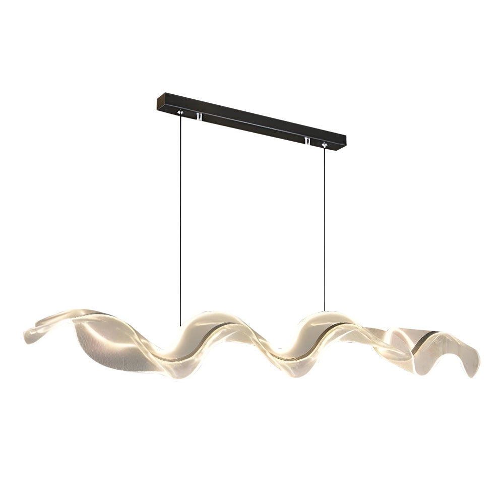 Ribbon pendant light with a sleek wave design, hanging in a modern living area.