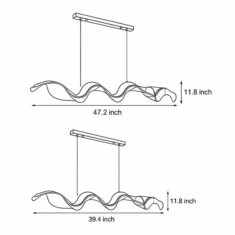 Technical diagram of ribbon pendant light showing dimensions and installation details.