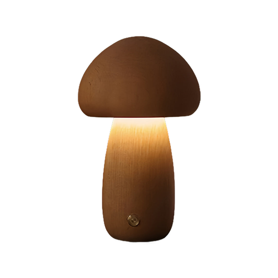 Elegant mushroom table lamp with rich brown cap and warm glowing cylindrical base