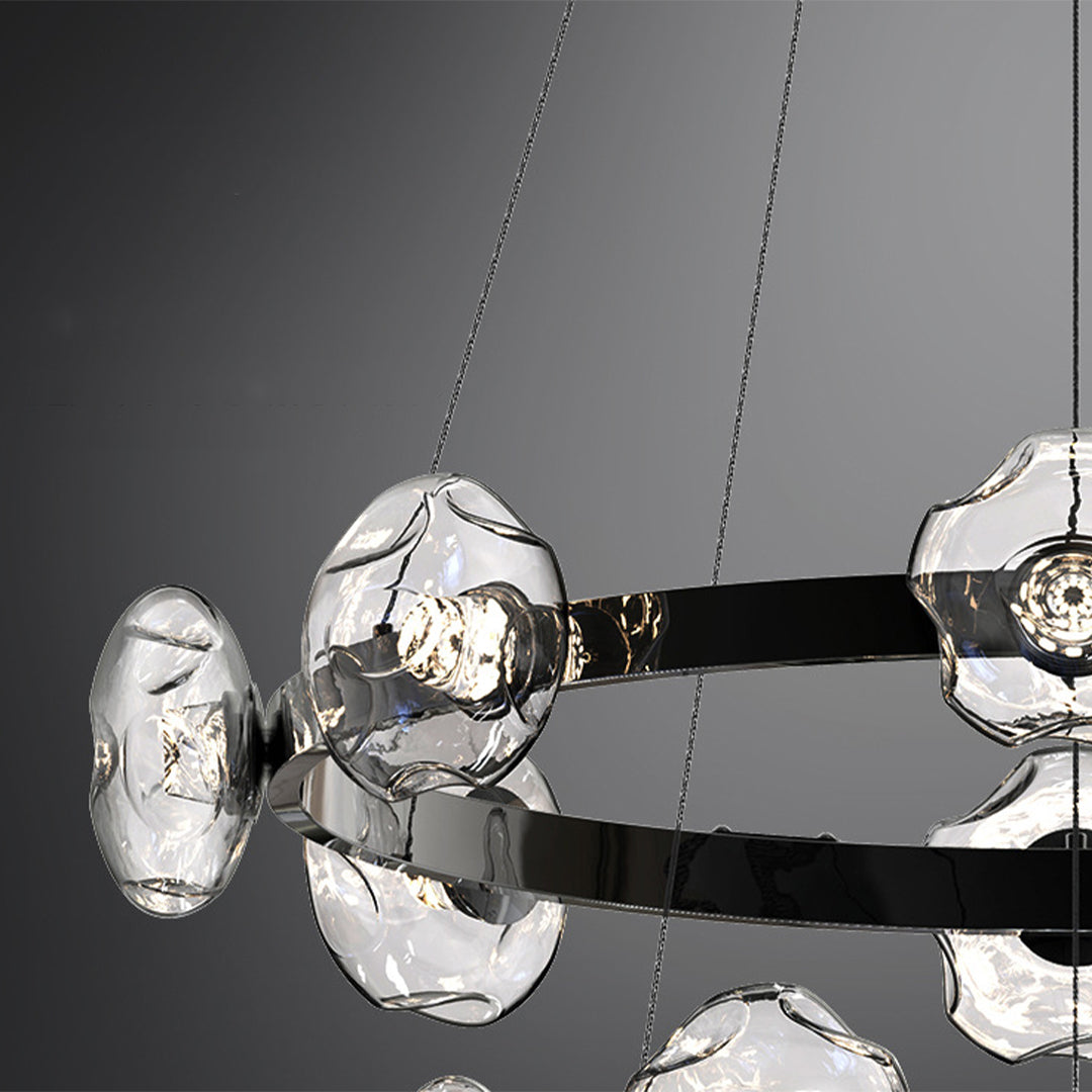 Close-up view of ring chandelier showing detailed glass sphere construction and metal framework connection