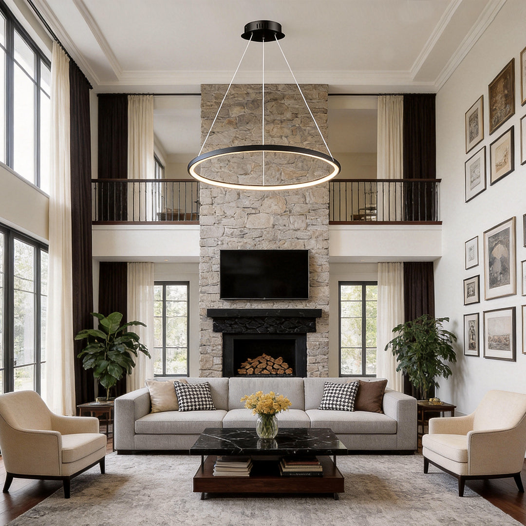 Large ring chandelier LED hanging in a high-ceiling living room, providing soft ambient lighting and an elegant focal point.