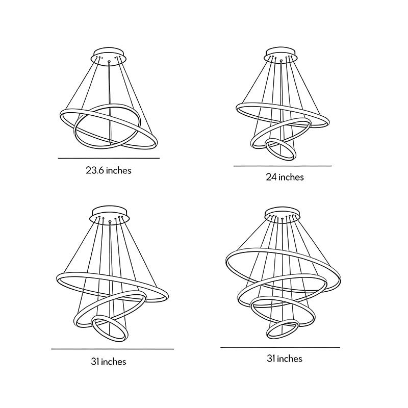 Ring LED chandelier showing adjustable hanging cables.