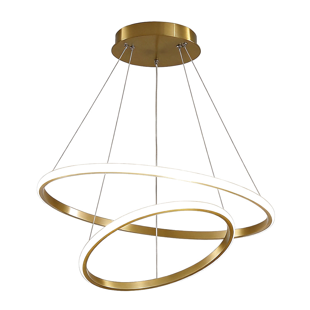 Ceiling canopy and suspension wires of ring LED chandelier.