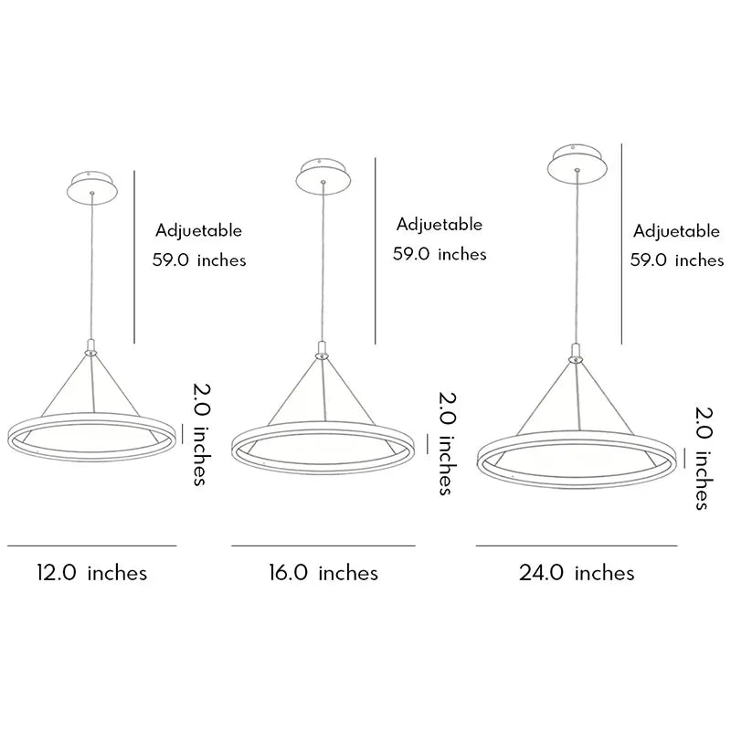 Ring metal chandelier dimension drawing showing adjustable height and three size options including 12 inch, 16 inch, and 24 inch diameters.