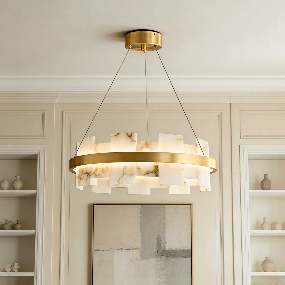 Copper modern chandelier with white cloud-stone diffuser panels