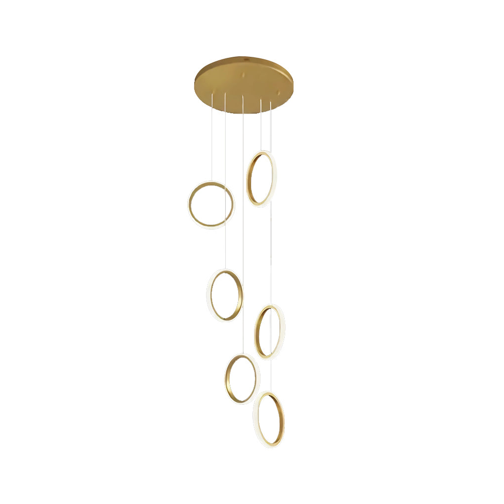 Ring staircase pendant light with gold rings, showcasing its modern and elegant design.