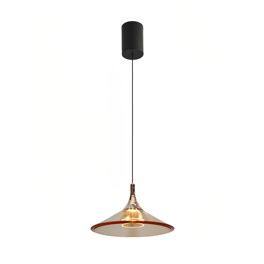 Rise and fall pendant lights with vintage glass shade illuminating modern minimalist dining area