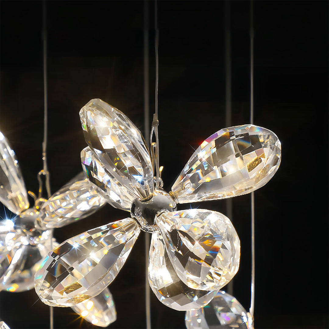 Close-up detail of rock crystal chandelier showing intricate crystal formations and brilliant illumination