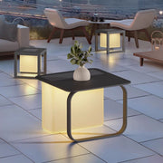 Rooftop terrace with modern cube lighting fixtures, handheld light mobility for versatile outdoor illumination