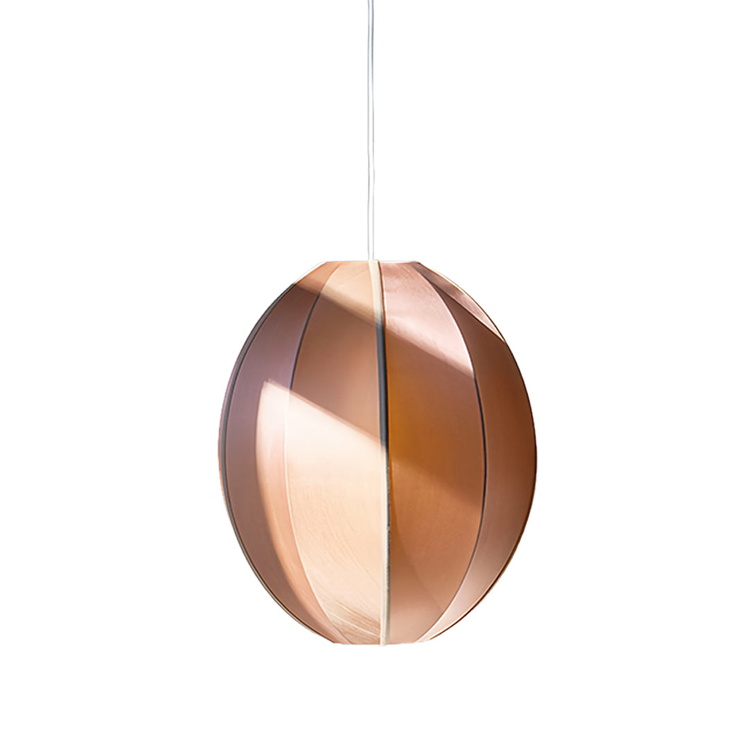 Rose gold fabric shade pendant light featuring spherical design and luxurious metallic finish