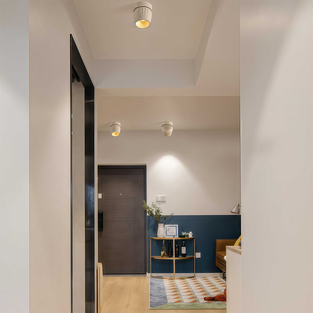 Rotating spotlights enhancing modern entryway with neutral walls and view into blue living space