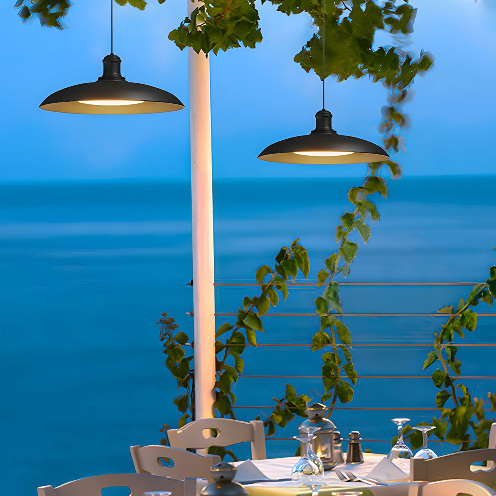 Round Black Hanging Outdoor Pendant Light - Metal Saucer - Shaped