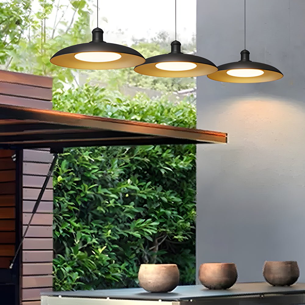 Round Black Hanging Outdoor Pendant Light - Metal Saucer - Shaped
