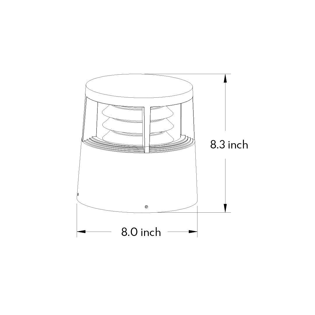 Technical diagram of round outdoor bollard light with labeled dimensions
