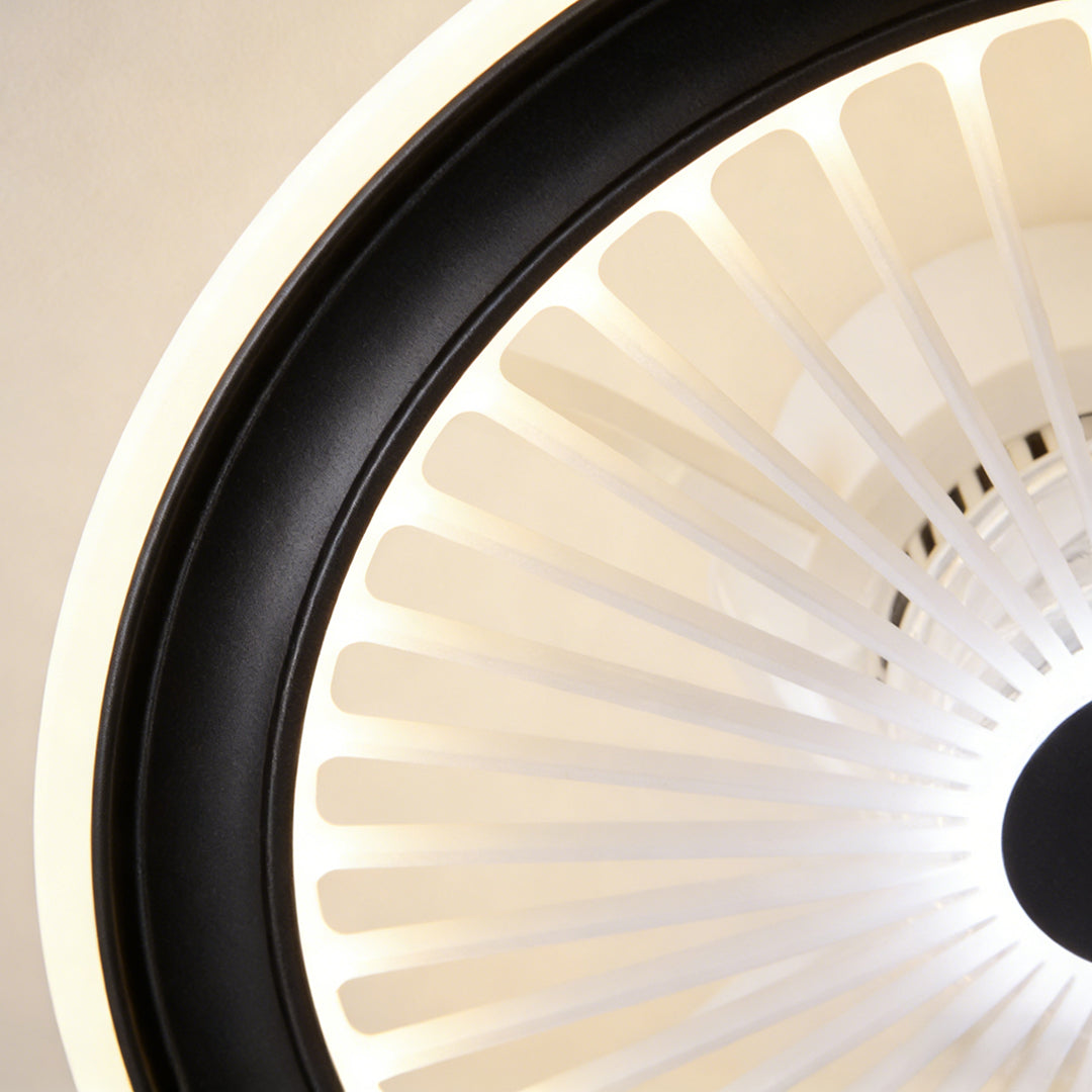 Detail view of round ceiling fan LED ring and ventilation structure.