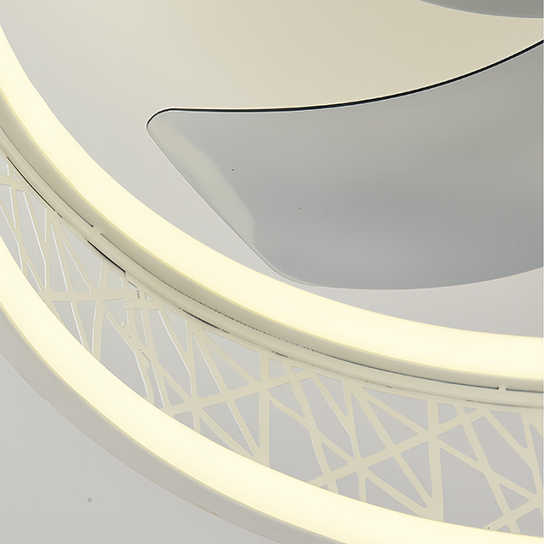 Close-up detail of round ceiling fan with light showing premium LED integration and modern design elements