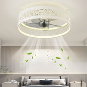 Round ceiling fan with light installed in modern living room creating ambient lighting and air circulation
