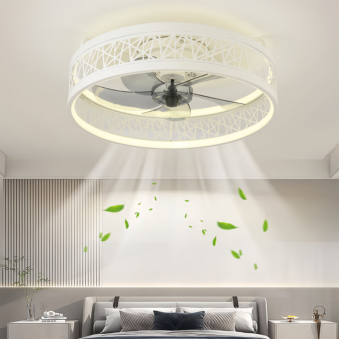 Round ceiling fan with light installed in modern living room creating ambient lighting and air circulation