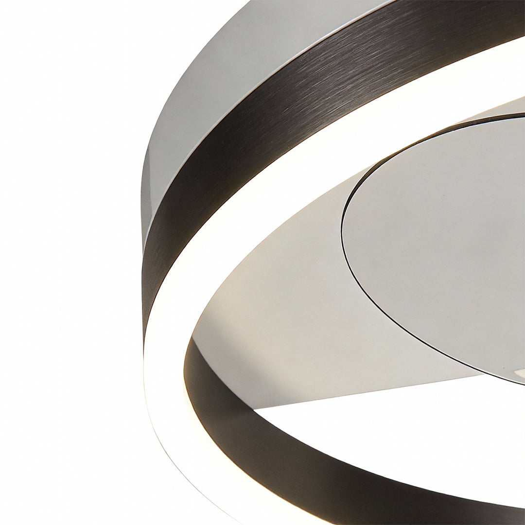 Round ceiling fan with light in black and white, displayed against a white background.