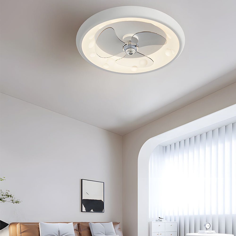 Round ceiling fan with light, highlighting its bright LED ring and fan blades.