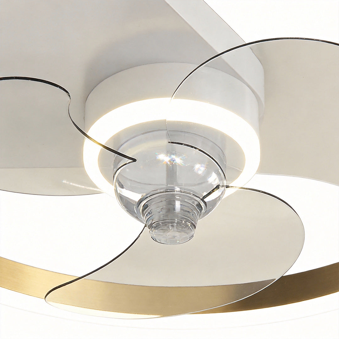 Round ceiling fan with light, close-up view showcasing its sleek and modern design.