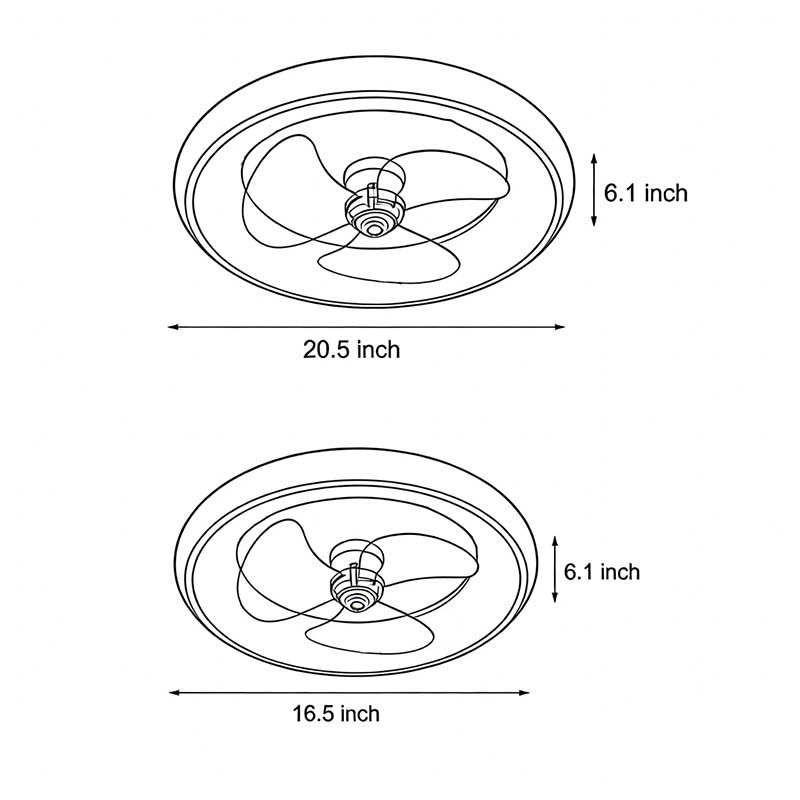 Line drawing of round ceiling fan with light dimensions, providing installation specifications.