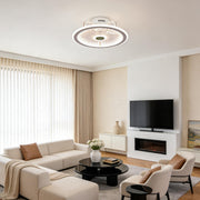 Round ceiling fan with LED light installed in modern living room.