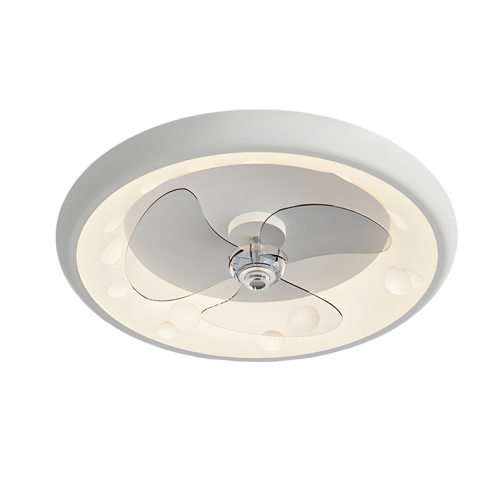 Round ceiling fan with light in silver finish, displayed against a white ceiling.