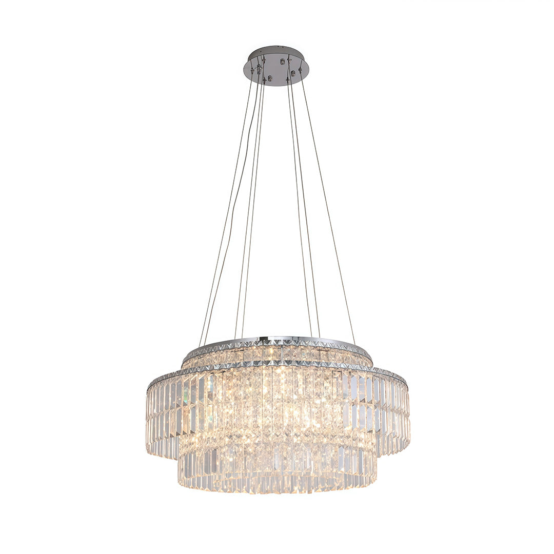 Round chandelier with crystals featuring circular design with tiered cascading crystal strands on white background.