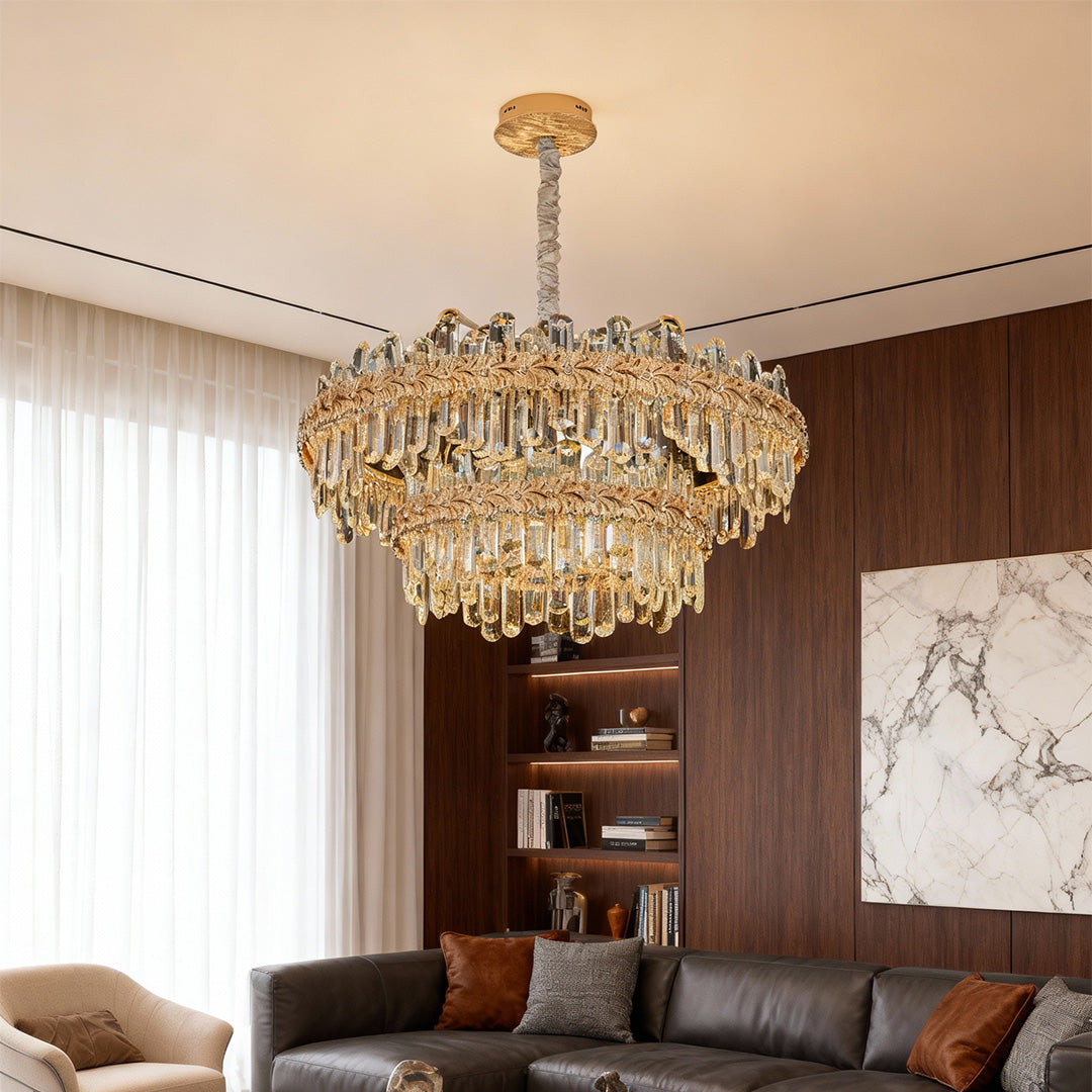 Round chandelier lamps crystal in contemporary living room interior.