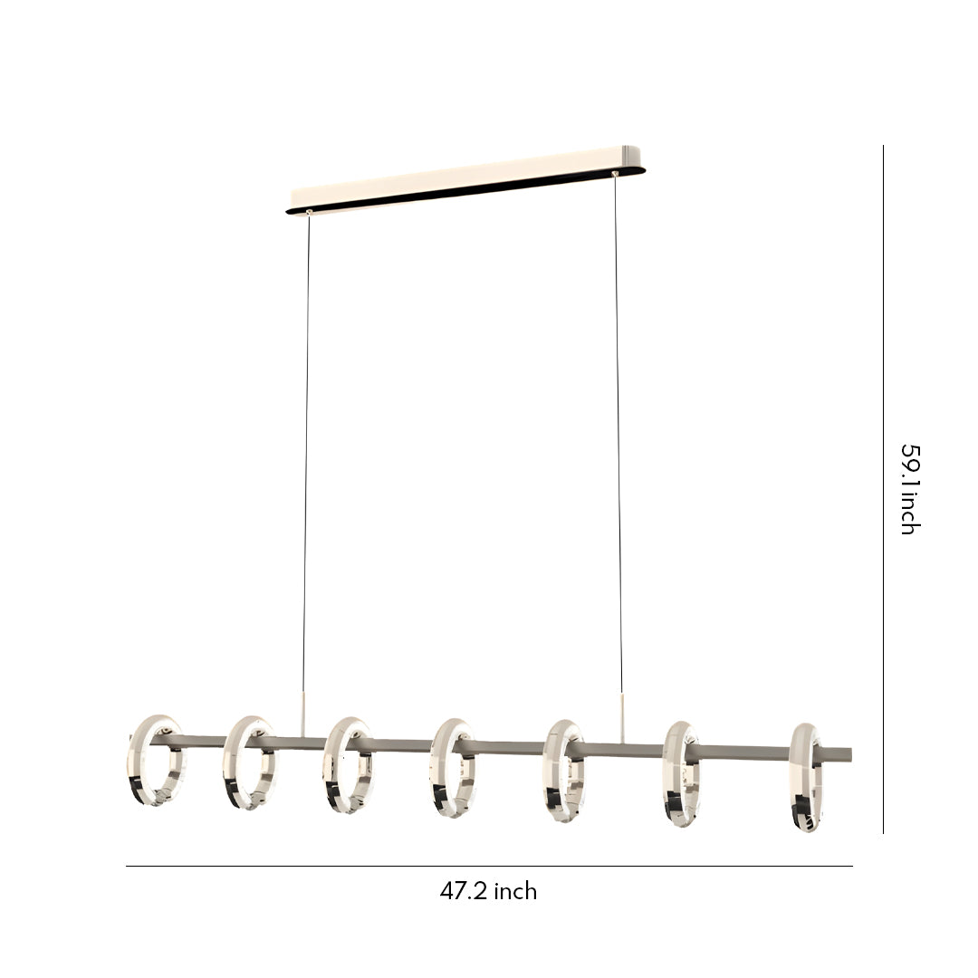 Modern round chandelier featuring a slim linear bar with multiple circular light rings.