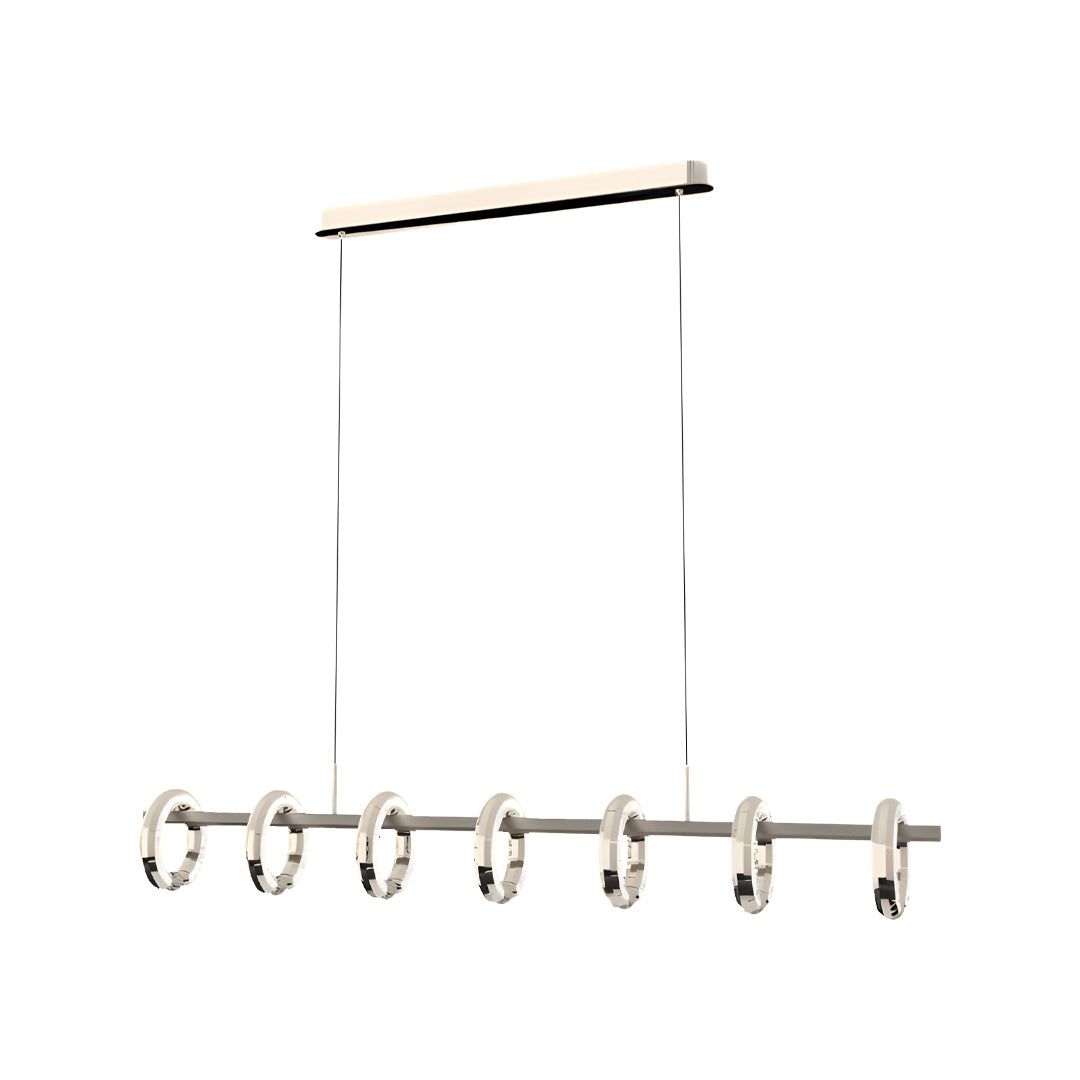 Contemporary round chandelier modern design with a minimalist linear bar and suspended ring lights.