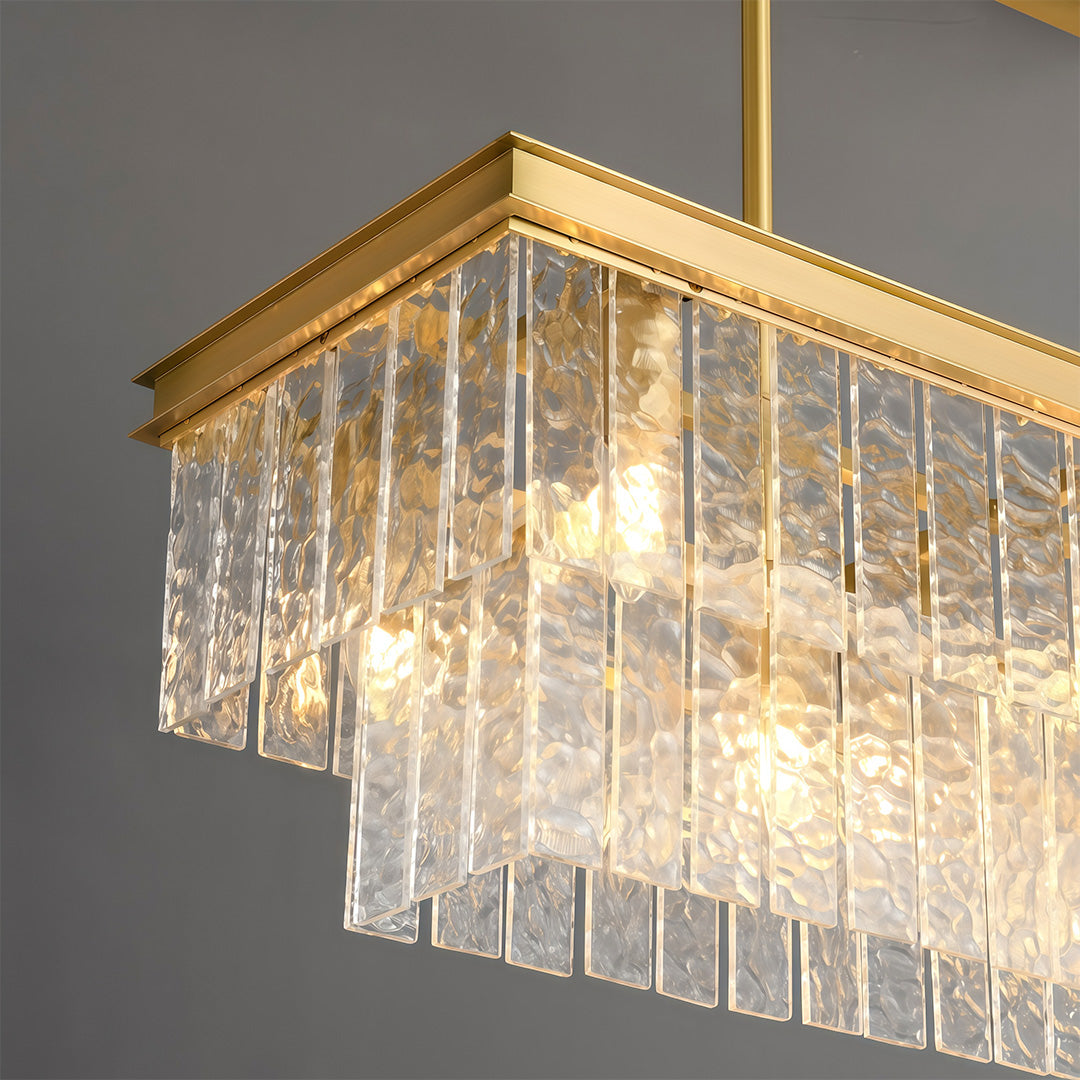 Round modern chandelier perspective view highlighting geometric brass frame and crystal rods