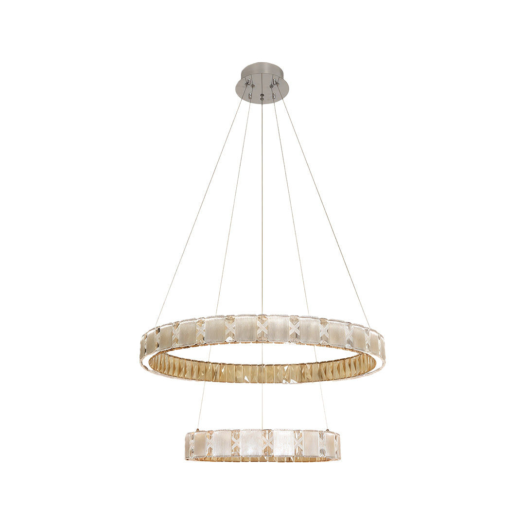 Round chrome chandelier featuring circular design with cascading crystal elements and modern styling