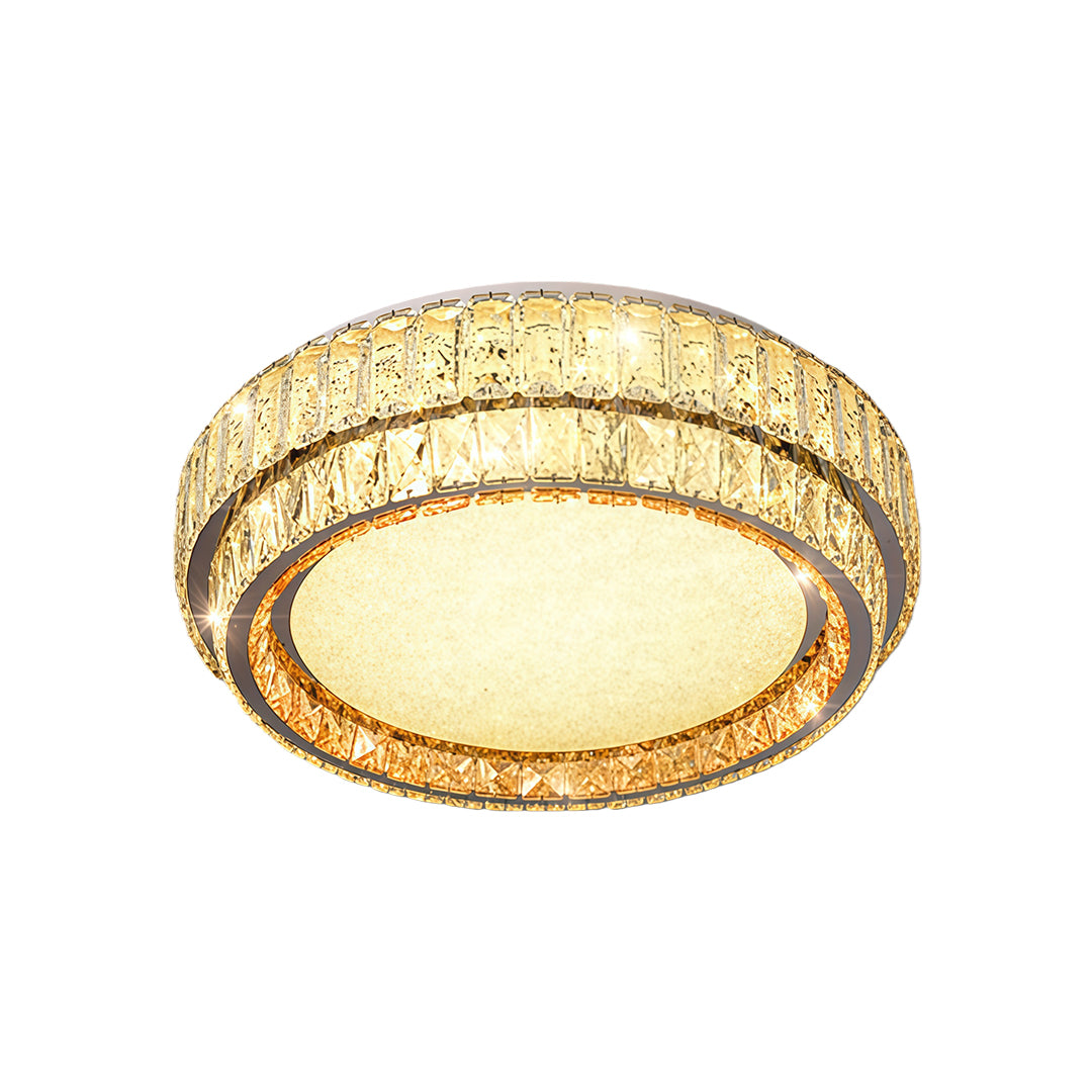 Round contemporary flush mount lighting with glass shade chandelier aesthetic featuring double-tier gold frame and crystal trim.