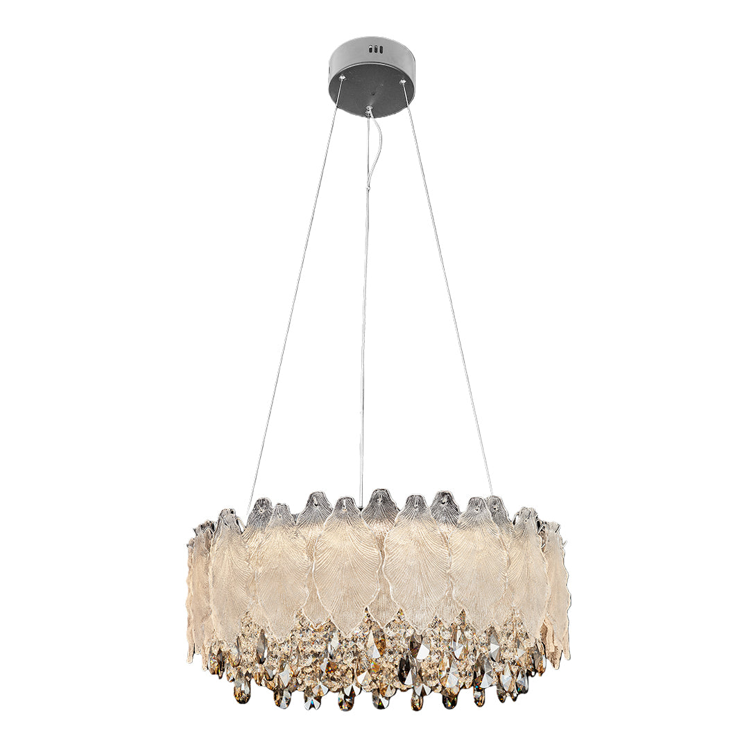 Round country French chandelier with champagne crystal drops and bronze frame.