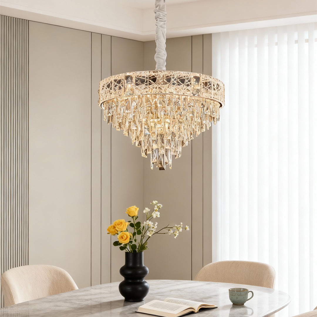 Warm beige dining space with elegant round crystal chandelier centerpiece.