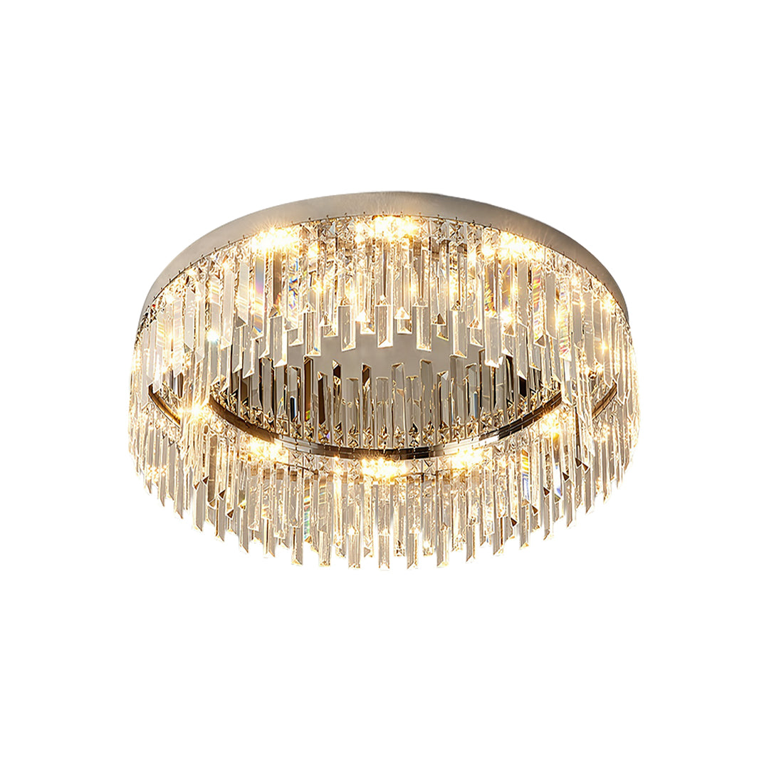 Large circular crystal ceiling light with gold frame and hanging crystal elements