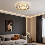 Round crystal flush mount LED ceiling light fixtures installed in a stylish living room.
