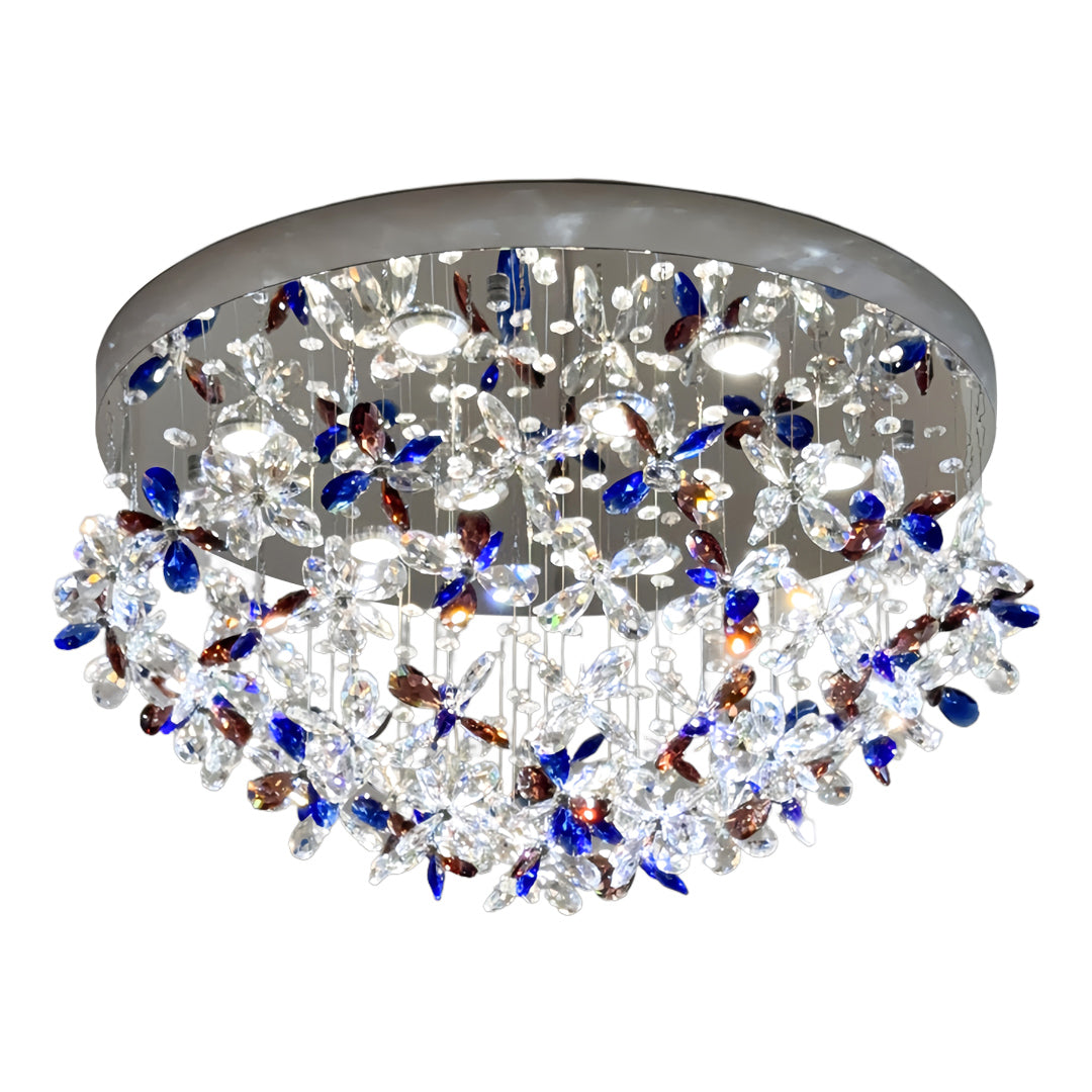 Round crystal flush mount lights with blue gemstone accents and chrome finish base