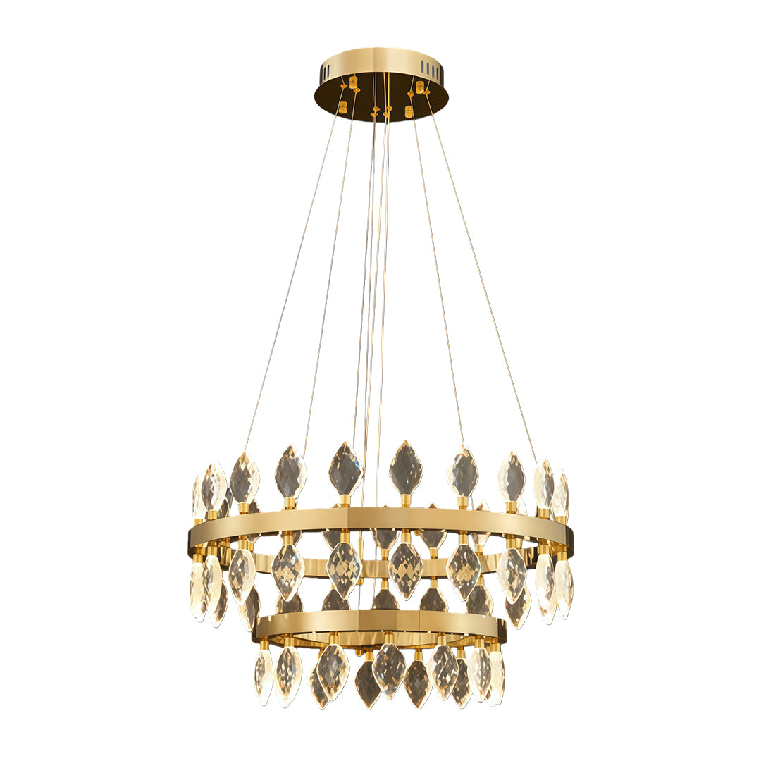 Round gold crystorama chandeliers with hanging faceted crystals.