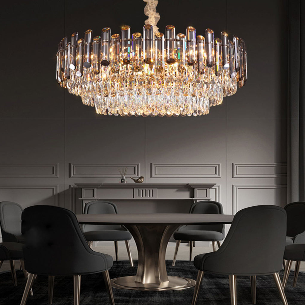 Round drum crystal chandelier in a modern living room, providing ambient light and sophistication.